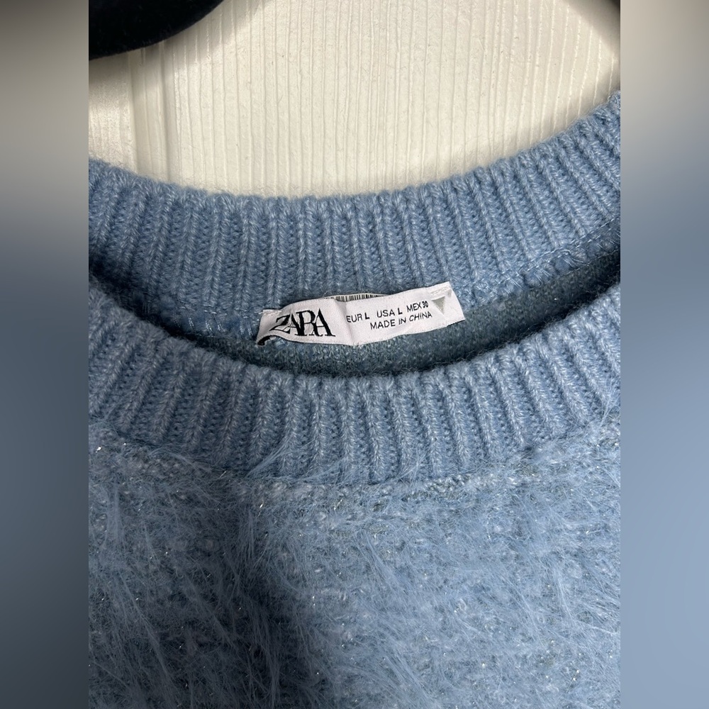 Zara Soft Blue Crew Neck fuzzy Sweater Womens size L - Picture 2 of 7